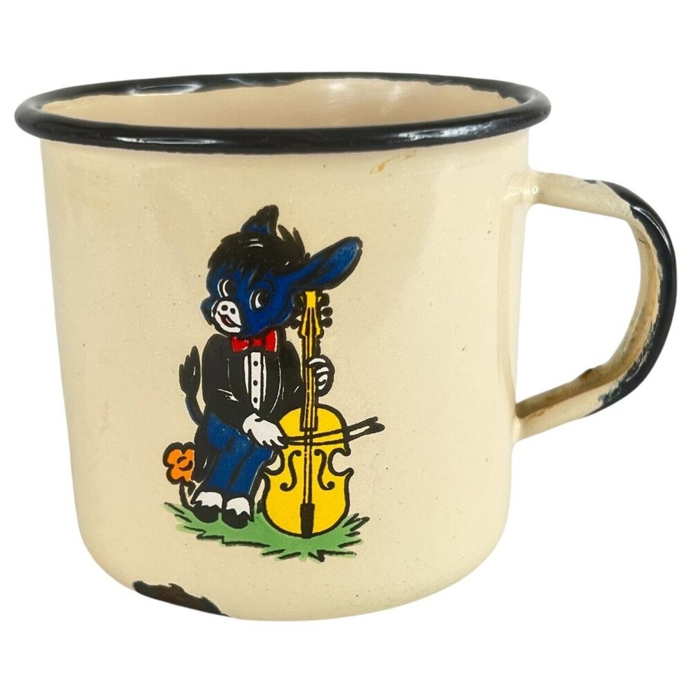 Vintage Enamel Childrens Mug Donkey Playing Cello Cup Novelty